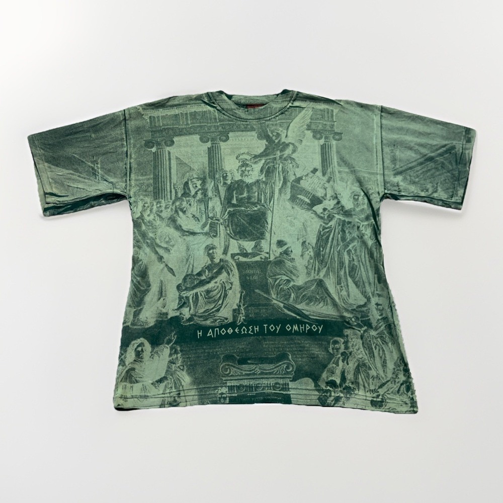 Vintage Greek Philosopher Shirt Mens XL Green AOP Mythology Athens Homer